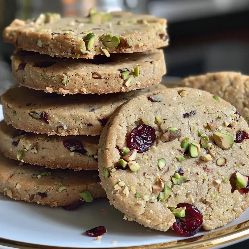 Side view of freshly baked High-Protein Cranberry Pistachio Shortbread Cookies with visible cranberries and pistachios.