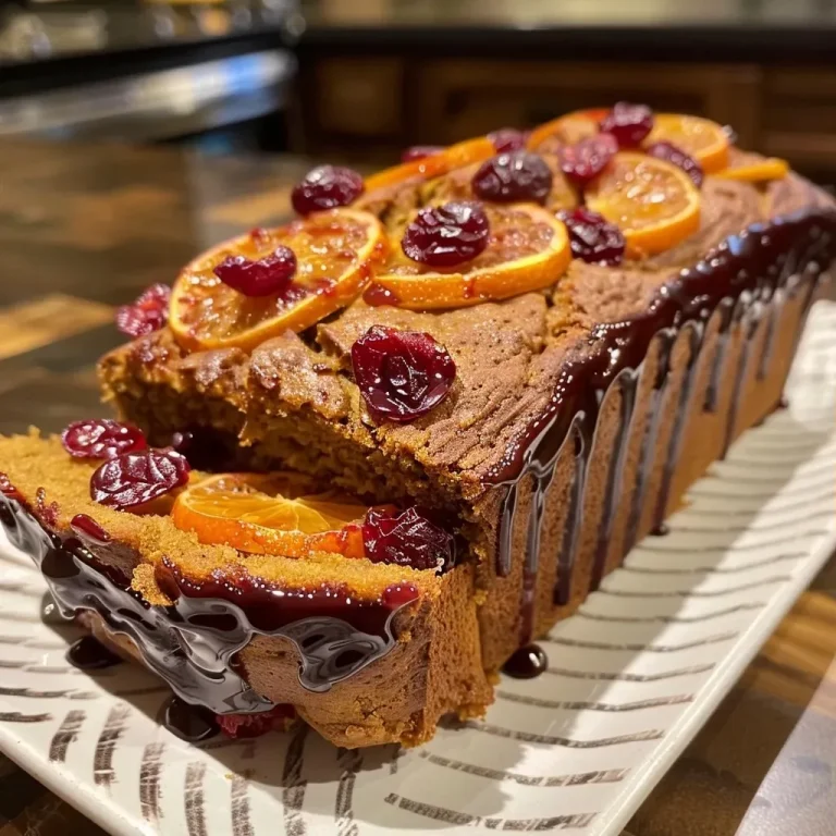 Side view of a golden-brown high protein orange cranberry loaf, showcasing its texture and ingredients.