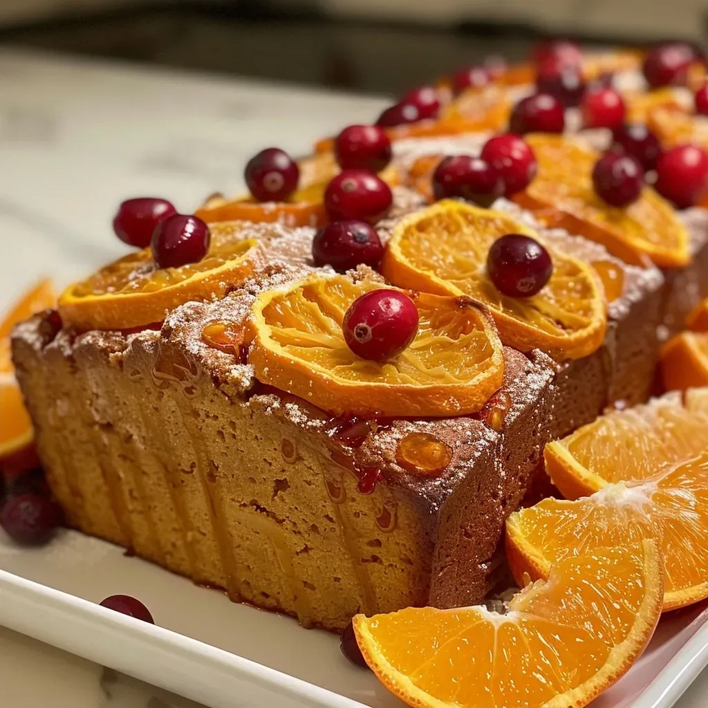 Close-up of a sliced orange cranberry loaf with visible cranberries and orange zest on the surface.