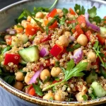 Close-up view of a colorful high protein quinoa salad featuring quinoa, chickpeas, and fresh vegetables.