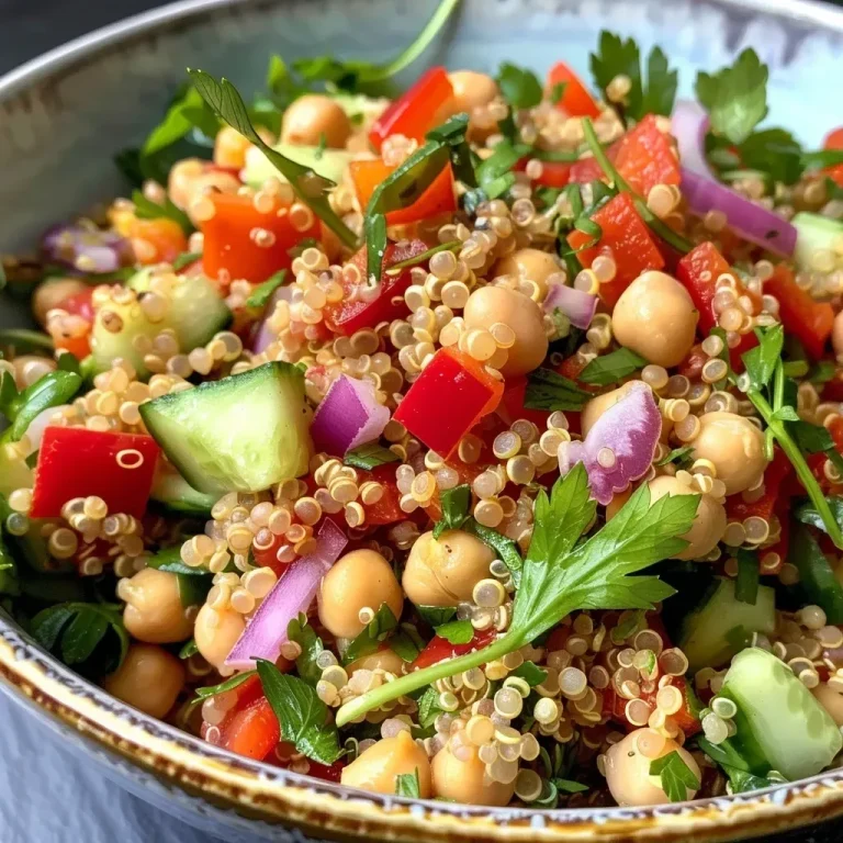 Fuel Your Gains with This Flavor-Packed High Protein Quinoa Salad Close-up view of a colorful high protein quinoa salad featuring quinoa, chickpeas, and fresh vegetables.