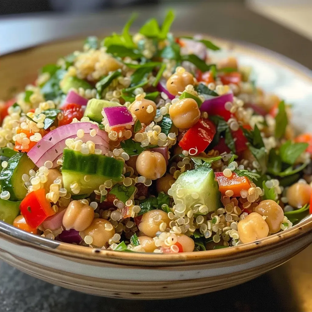 A vibrant salad made with quinoa, chickpeas, red onion, bell pepper, and arugula, displayed in a bowl.