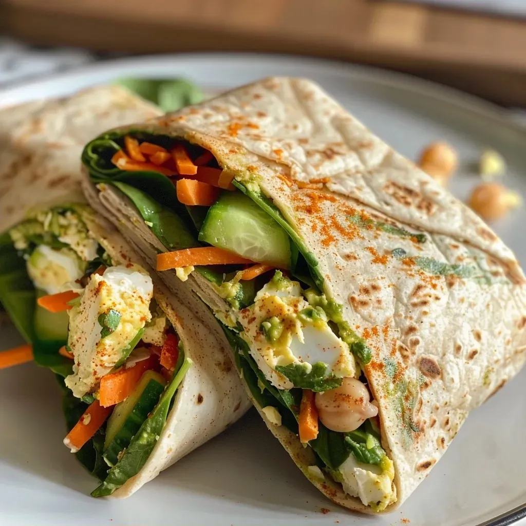 Close-up of a colorful high protein wrap displaying ingredients like spinach, carrots, and chicken.