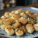 Close-up view of juicy homemade potato gnocchi, showing smooth texture and light golden color.