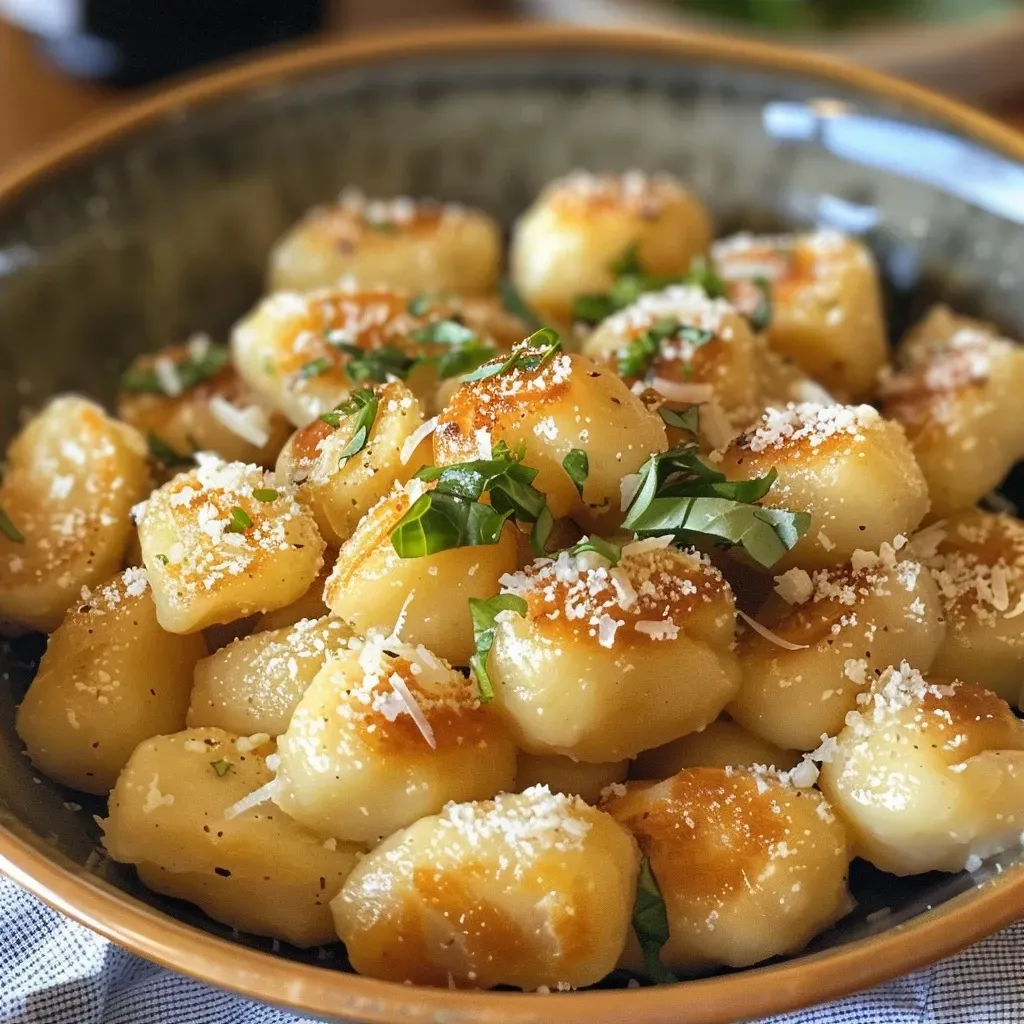 Side view of freshly made potato gnocchi, still warm, with a slightly rustic appearance.