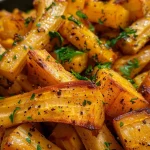 Close-up side view of honey roasted parsnips, golden brown with a glossy glaze.