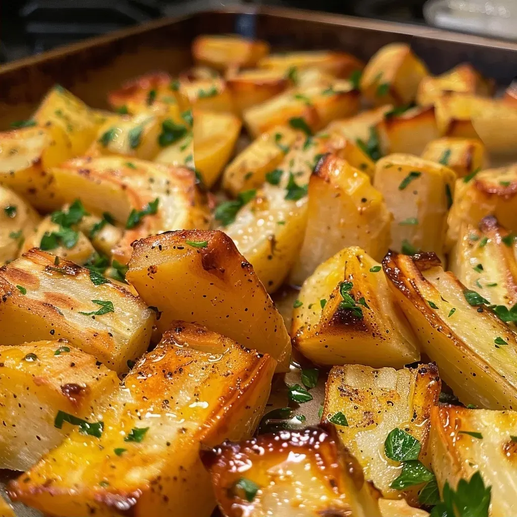Juicy, honey glazed parsnips arranged neatly, showing their caramelized edges and fresh parsley garnish.