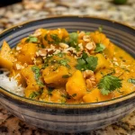 Close-up of a bowl of Indian-inspired pumpkin curry with a rich, creamy texture.