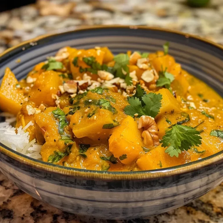 Cozy Up with This Protein-Rich Indian-Inspired Pumpkin Curry Close-up of a bowl of Indian-inspired pumpkin curry with a rich, creamy texture.