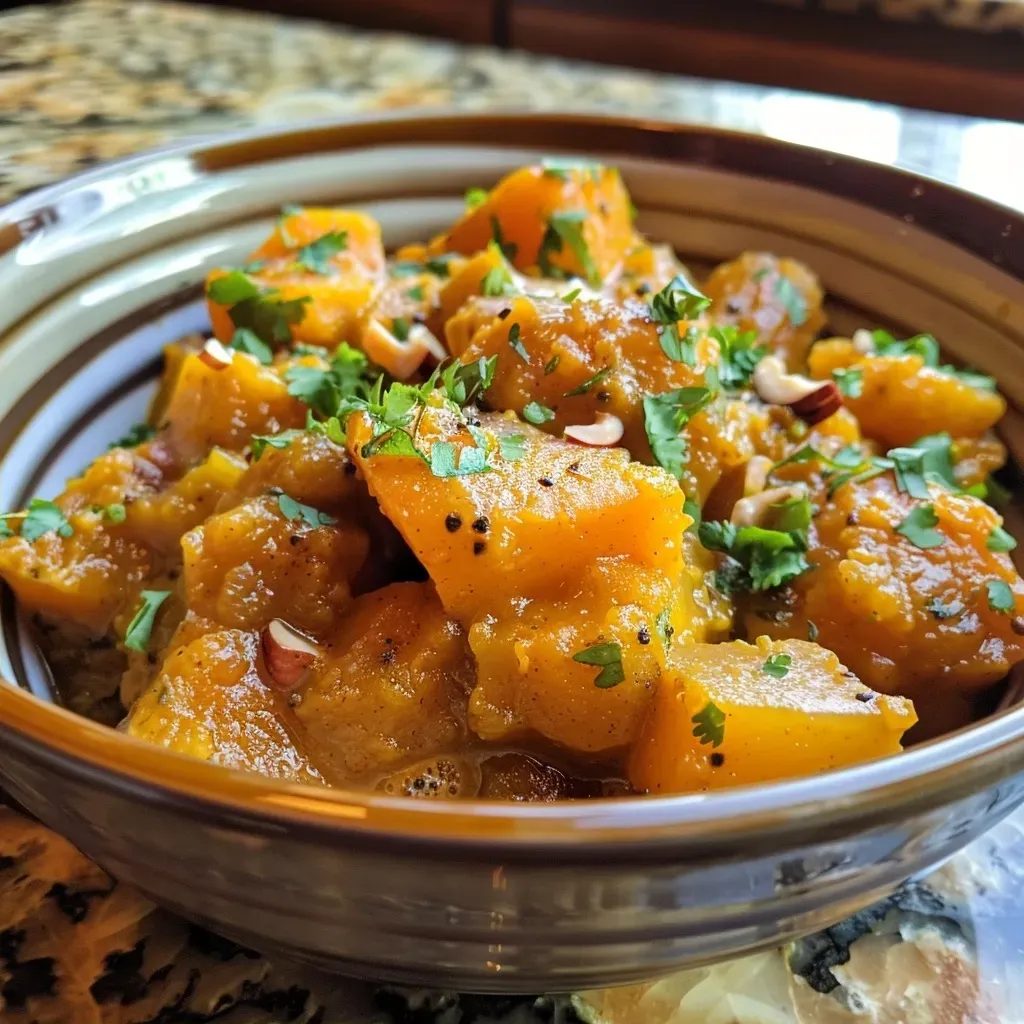 Side view of a delicious pumpkin curry garnished with pecans, showcasing vibrant colors.