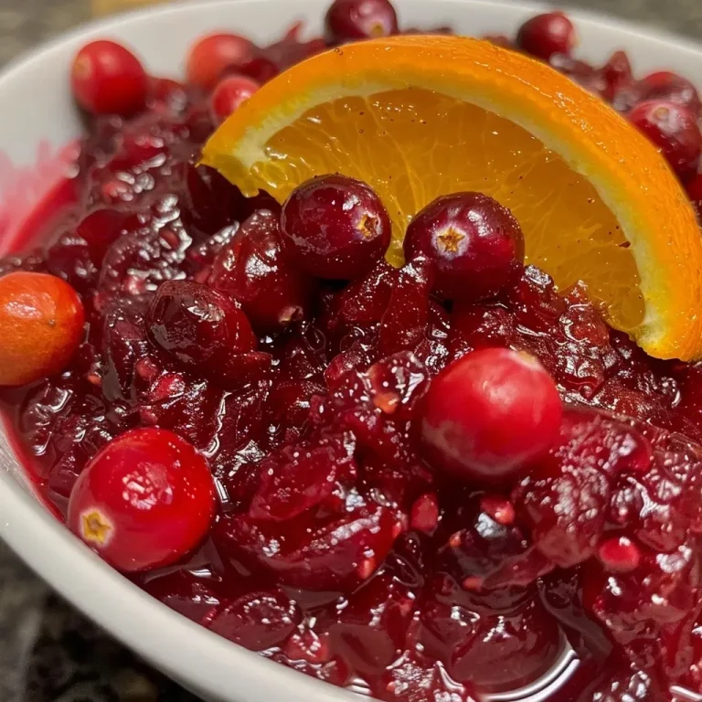 Close-up view of glossy cranberry sauce with visible orange zest, sitting in a glass bowl.