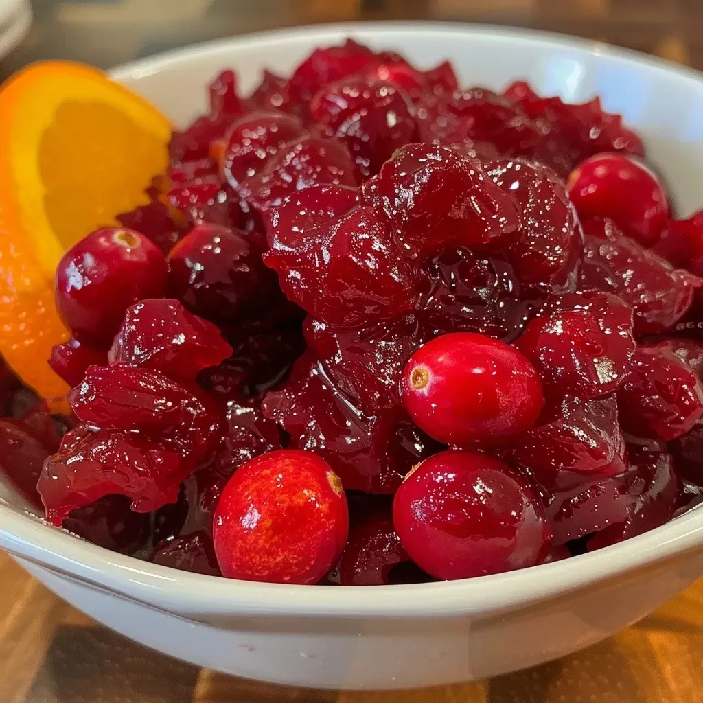 Vivid red cranberry sauce garnished with orange zest, captured from the side.
