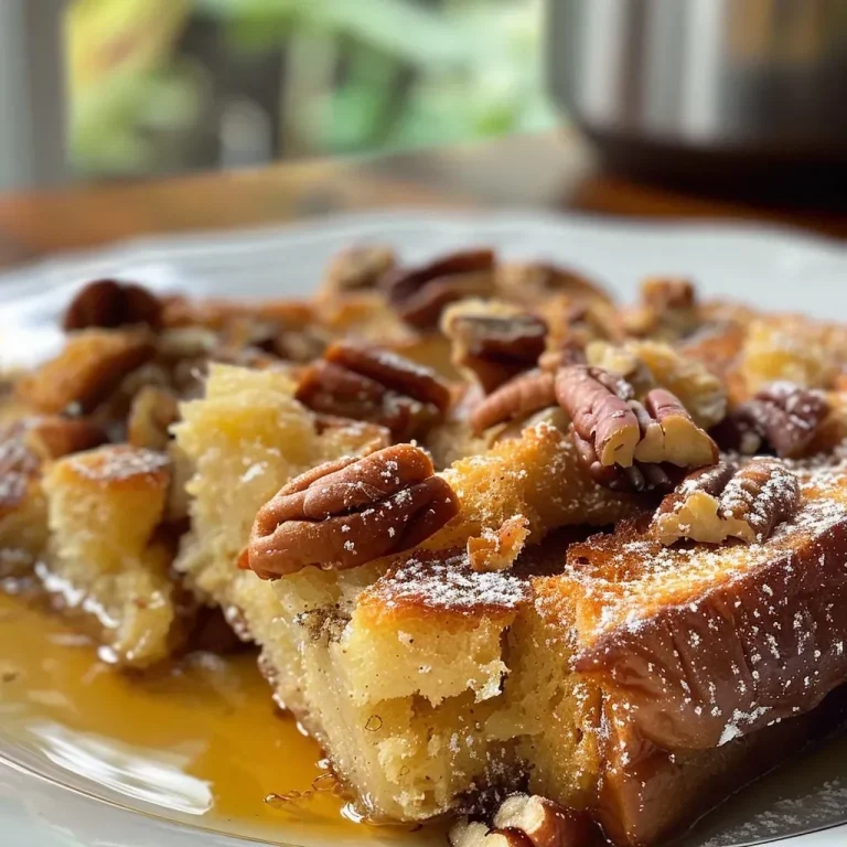 Effortless Protein-Packed French Toast Casserole for Busy Mornings Close-up view of a baked French toast casserole topped with pecans.