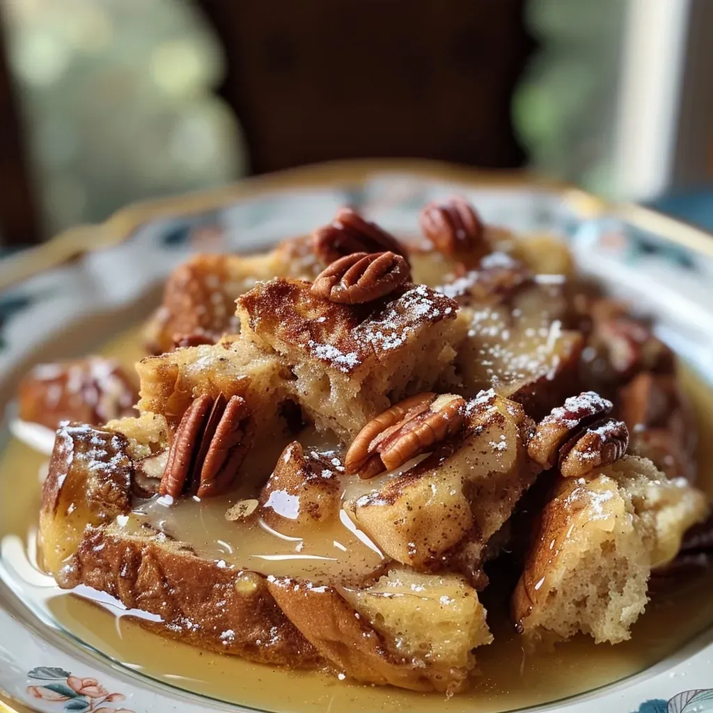 Side view of a delicious golden-brown French toast casserole in a dish.