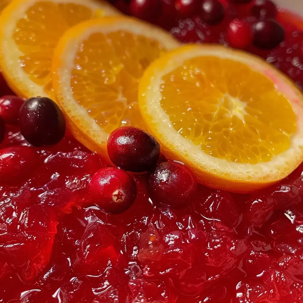 Side profile of a glass jar filled with glossy orange cranberry jelly, with fresh cranberries and orange pieces nearby.