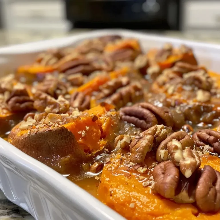 Close-up of a golden-brown sweet potato casserole topped with chopped pecans.