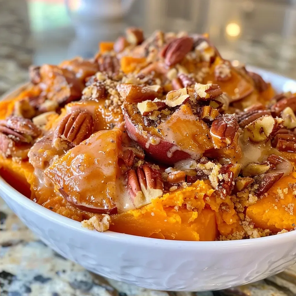 Side view of a creamy sweet potato casserole with a textured topping and pecans.