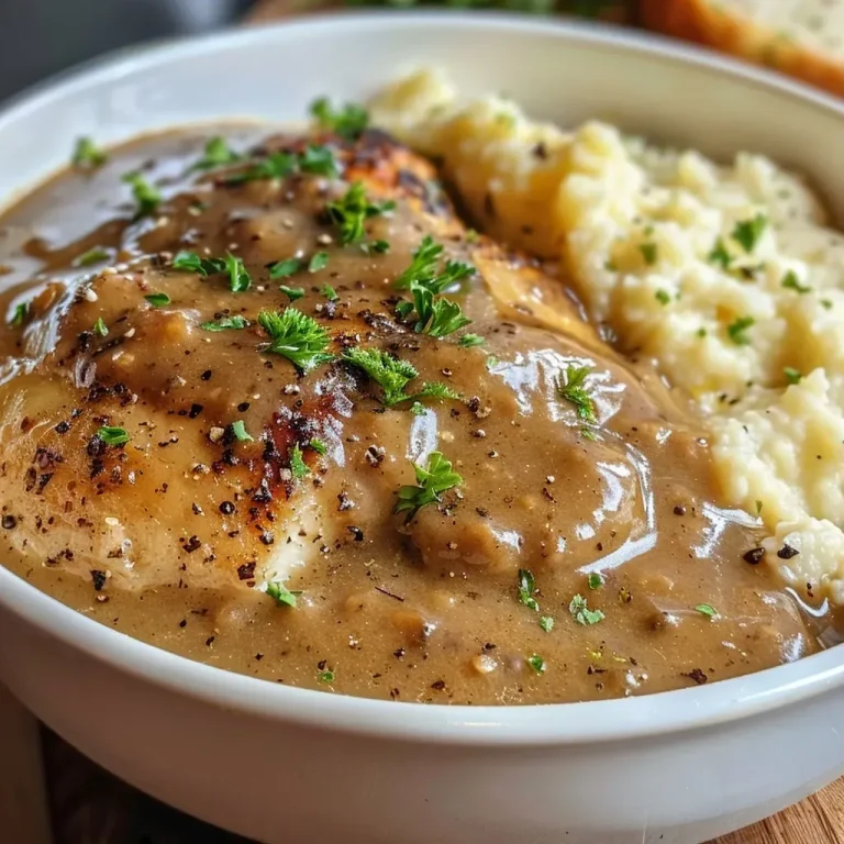 Transform Your Meals with This Rich Keto Gravy Recipe Close-up view of a creamy Keto gravy with a rich golden hue, garnished with herbs.