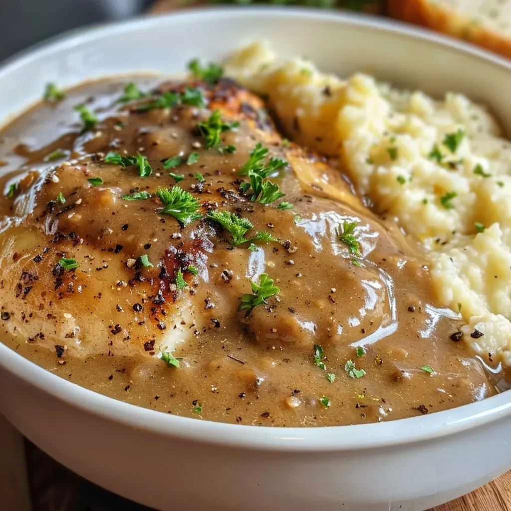 Close-up view of a creamy Keto gravy with a rich golden hue, garnished with herbs.