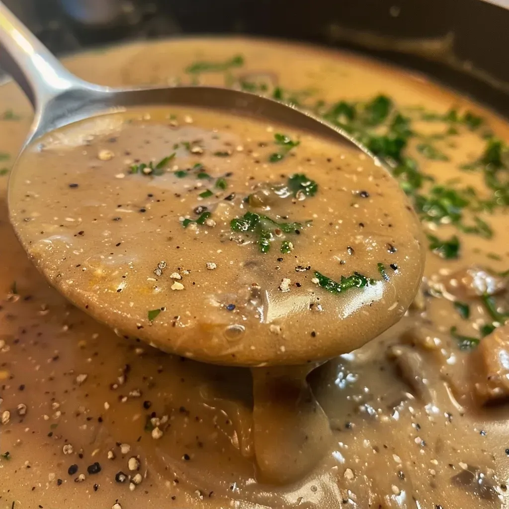 Side view of a smooth, thick gravy served in a bowl, highlighting the texture and color.