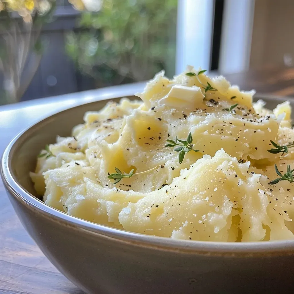 Close-up of creamy mashed potatoes in a bowl, showcasing a velvety texture.