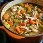 Close-up of a steaming bowl of leftover turkey soup with vegetables.