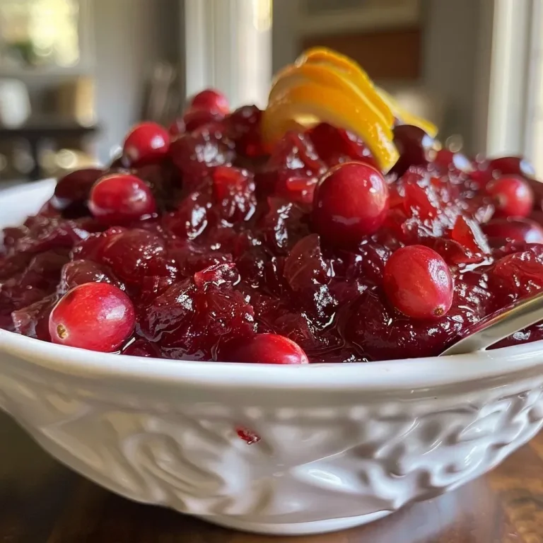 Transform Your Holiday Table with This Easy Low-Calorie Cranberry Sauce Close-up of a serving of vibrant cranberry sauce in a bowl, glistening with fresh cranberries.