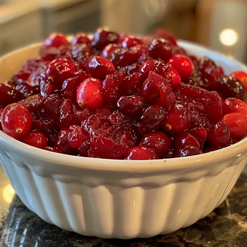 Side view of a luscious, low-calorie cranberry sauce topped with orange zest, served in a white dish.
