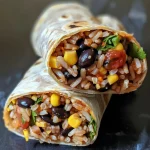 Close-up view of a delicious lunch wrap filled with rice, beans, corn, and cheese.