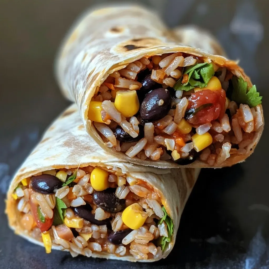 Close-up view of a delicious lunch wrap filled with rice, beans, corn, and cheese.