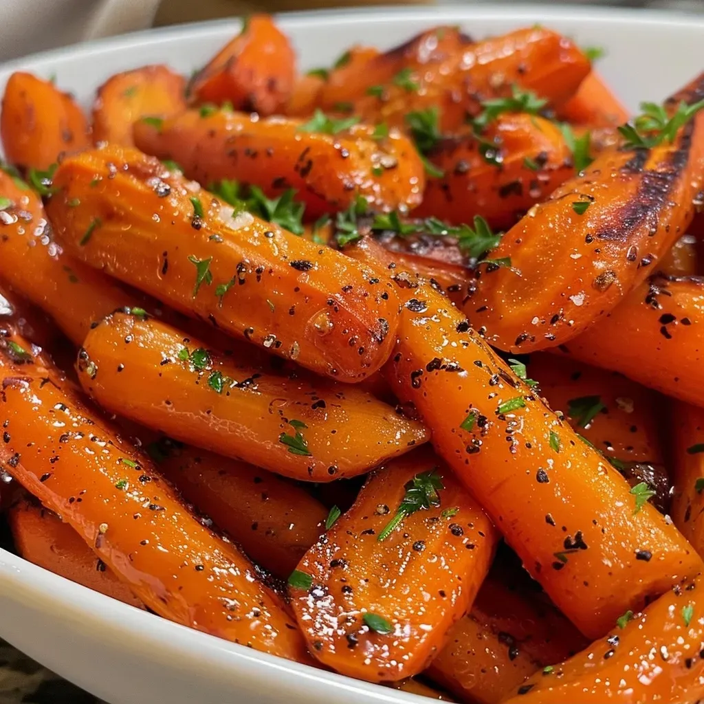 Close-up view of glazed baby carrots drizzled with maple syrup.