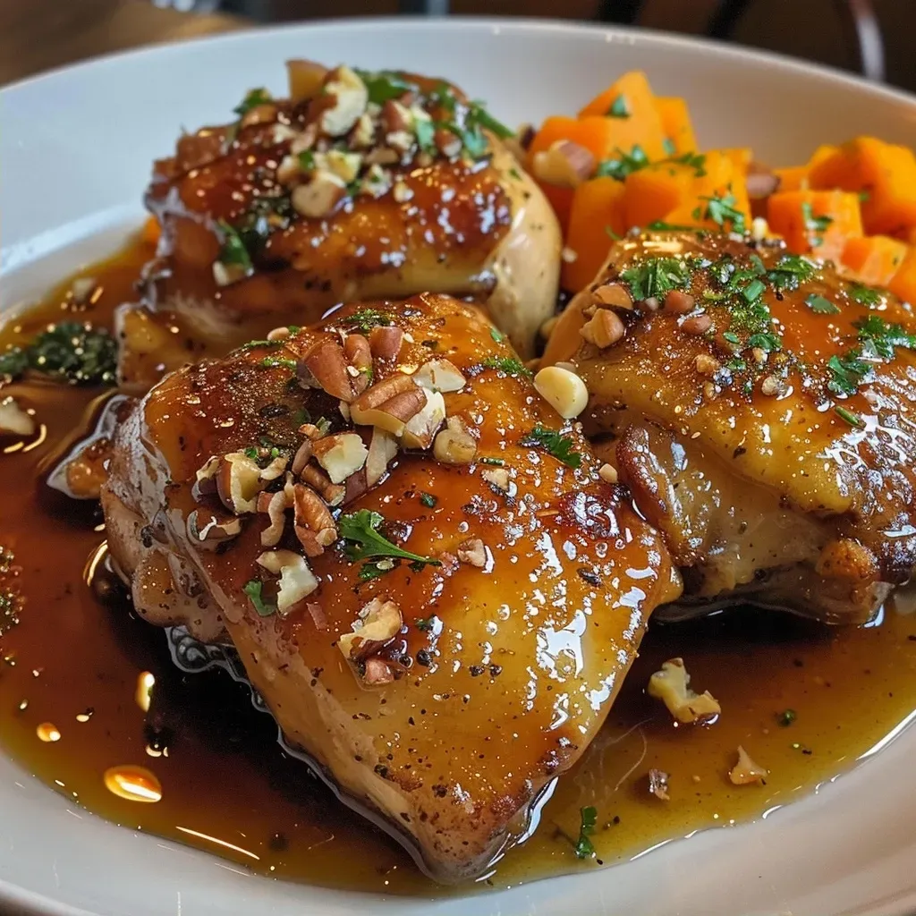 Side view of succulent chicken coated in maple glaze next to cubed sweet potatoes.