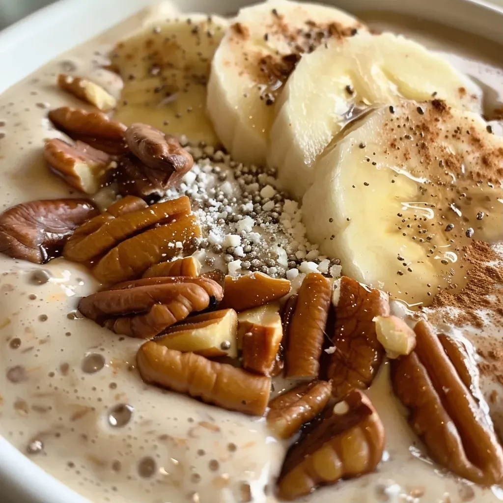 Close-up of a Maple Pecan Smoothie Bowl topped with pecan pieces and a drizzle of maple syrup.