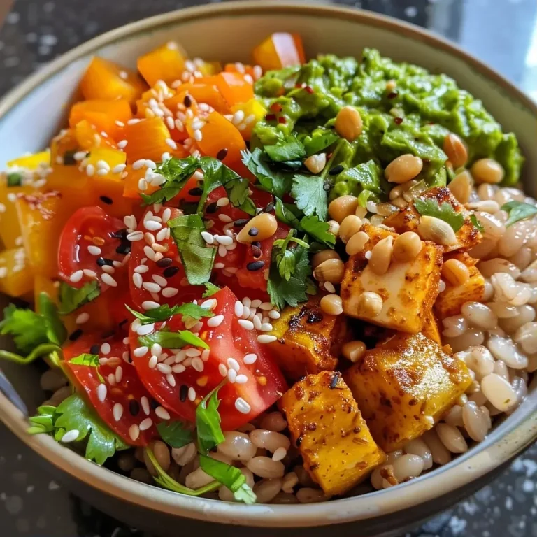 Close-up side view of a colorful Masala Barley Buddha Bowl filled with fresh ingredients.