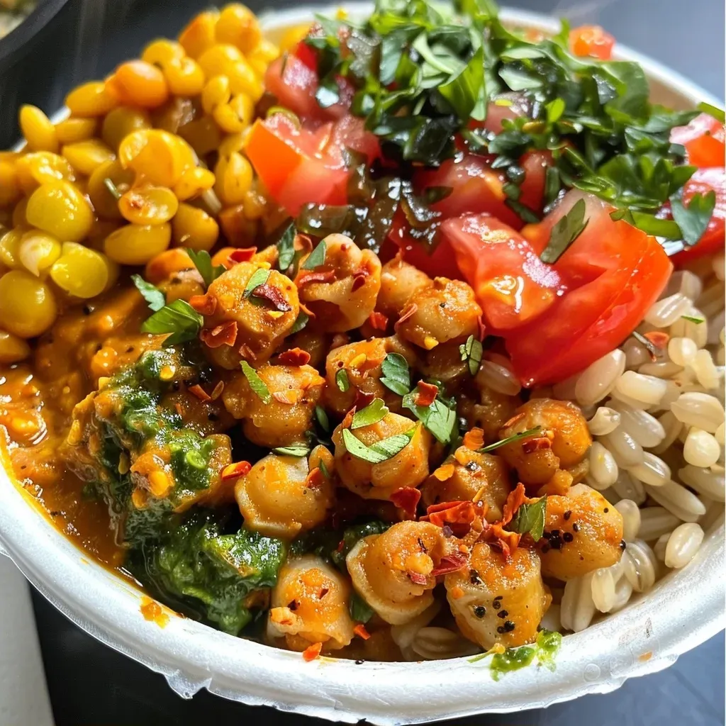 A vibrant Buddha Bowl featuring barley and masala spices, showcasing a variety of vegetables.
