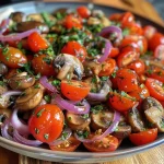 Close-up view of a fresh mushroom salad featuring cherry tomatoes and roasted red peppers.