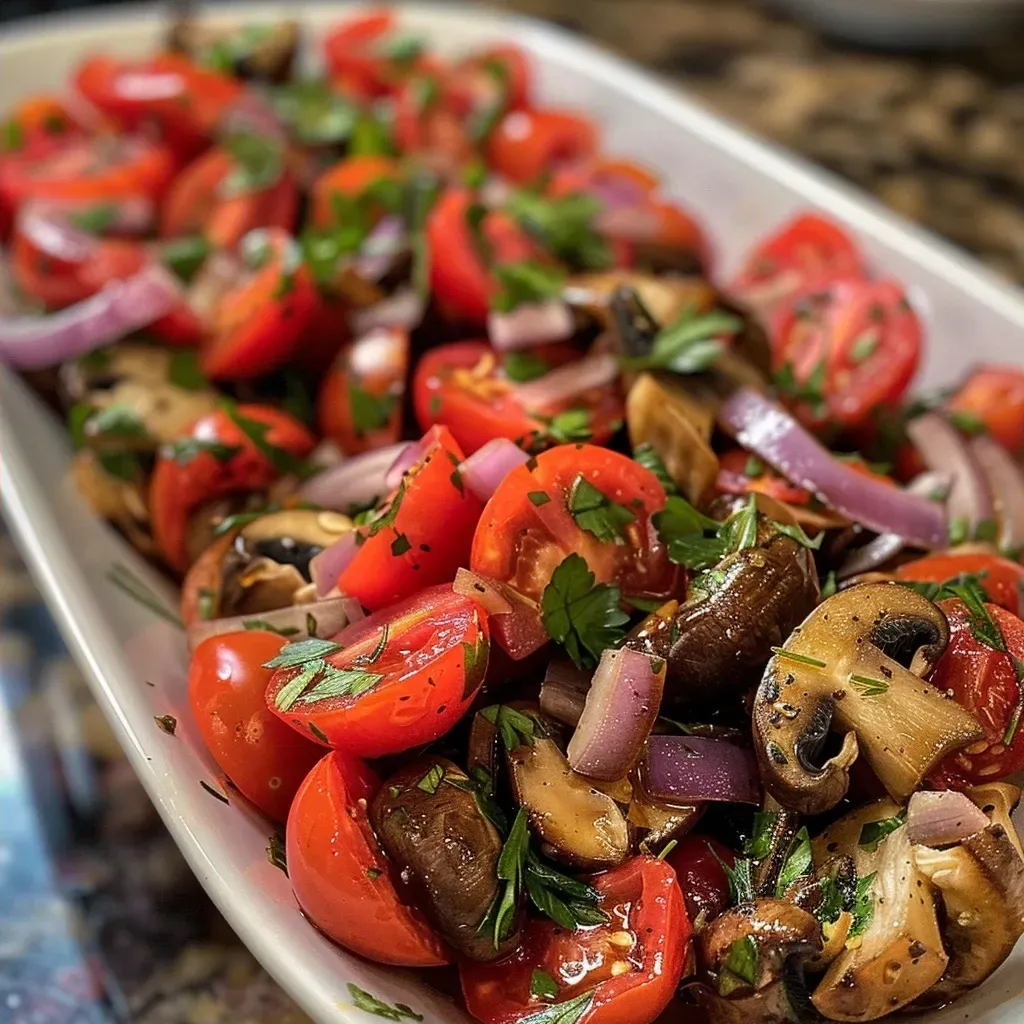 Side view of a vibrant mushroom salad with sliced red onion and olives, garnished with parsley.