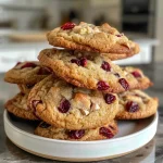 Close-up of orange cranberry cookies with a golden brown crust and chunks of dried cranberries.