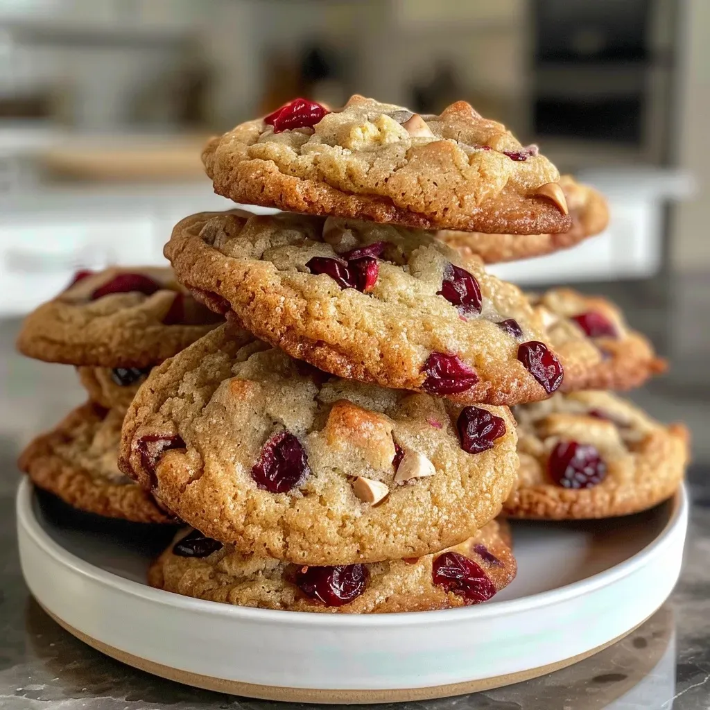 Close-up of orange cranberry cookies with a golden brown crust and chunks of dried cranberries.