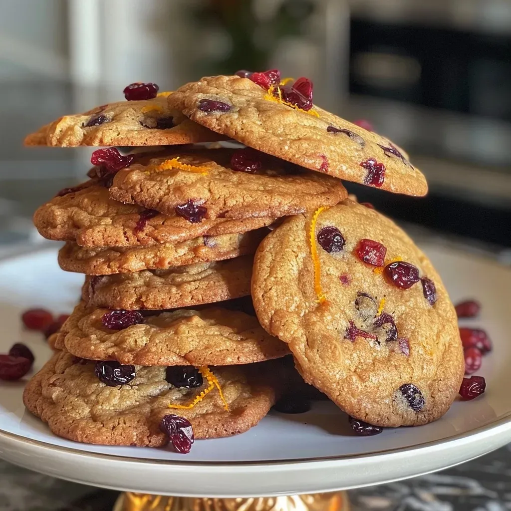 Side view of freshly baked cookies featuring vibrant orange zest and cranberry bits.
