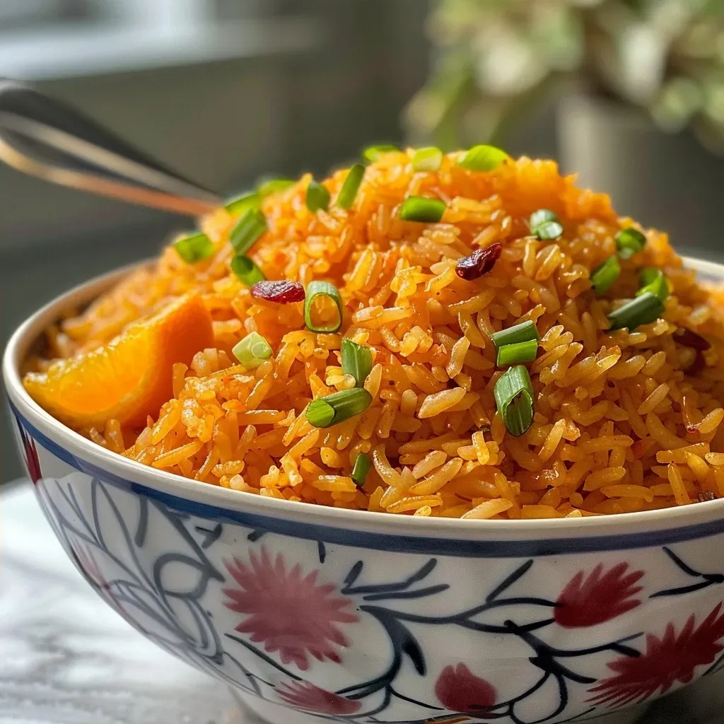 A side view of fluffy orange rice highlighting the orange zest and cranberries within.