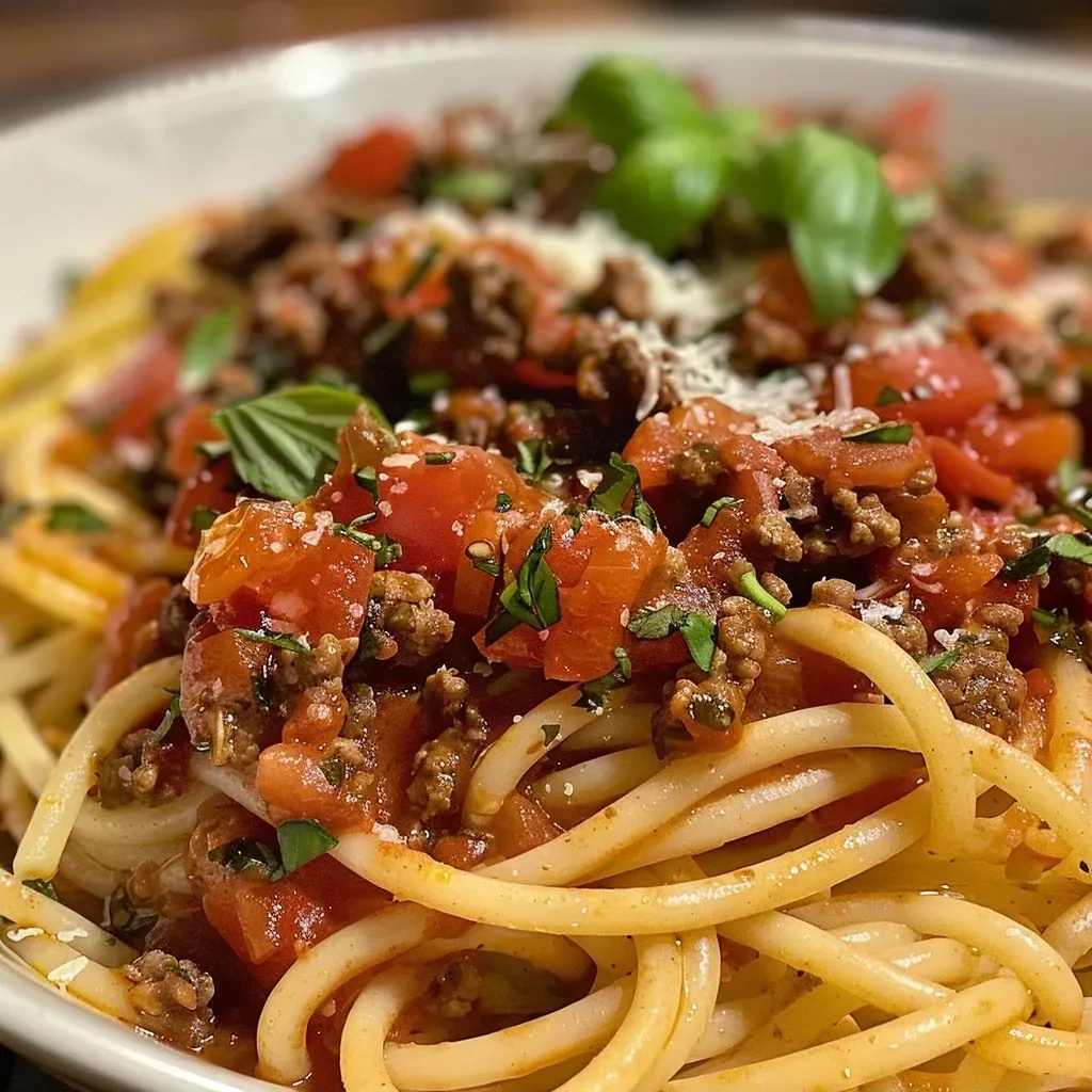 Close-up view of a bowl of rich pasta gravy with spaghetti.