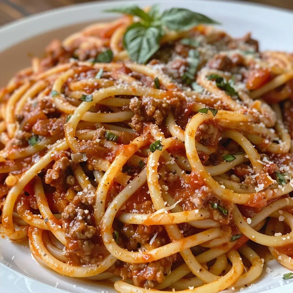 Side view of a hearty pasta dish topped with beef and tomato sauce.