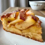 Close-up side view of a freshly baked Pear Cake, showcasing its golden crust and juicy pear chunks.