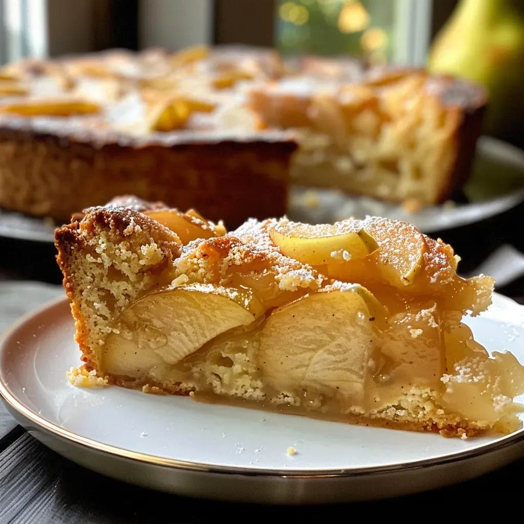 A slice of Pear Cake displayed on a plate, highlighting the moist texture and pear filling.