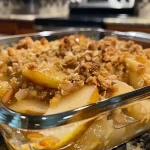 A close-up view of a baked pear crisp dessert, showcasing golden oats and sliced pears.