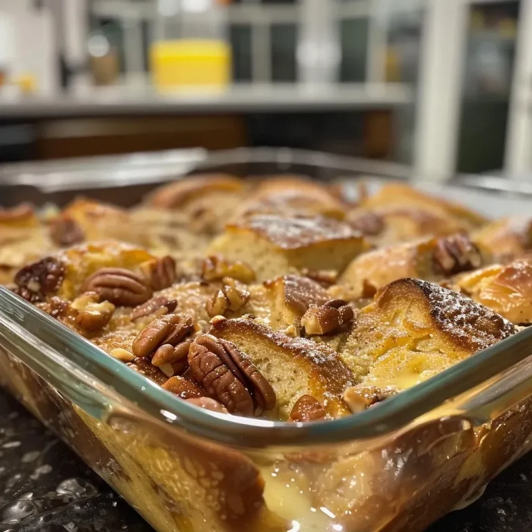 Close-up of a baked pecan French toast casserole topped with powdered sugar and pecans.