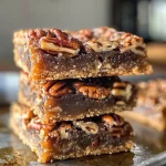 Close-up view of luscious pecan pie bars with a golden crust and shiny pecan topping.