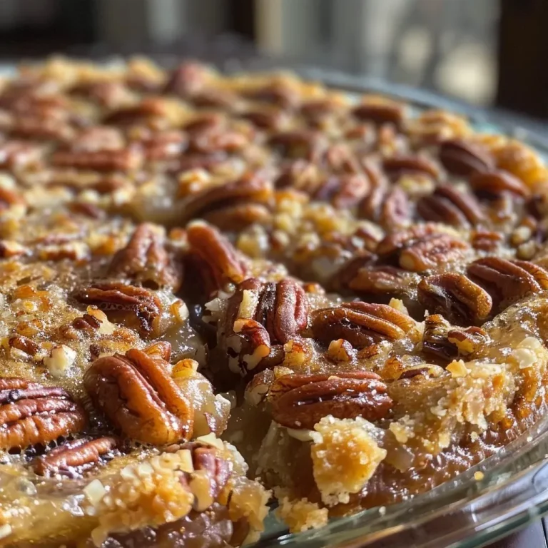 Close-up side view of a slice of warm Pecan Pie Cobbler, showcasing its golden crust and gooey filling.
