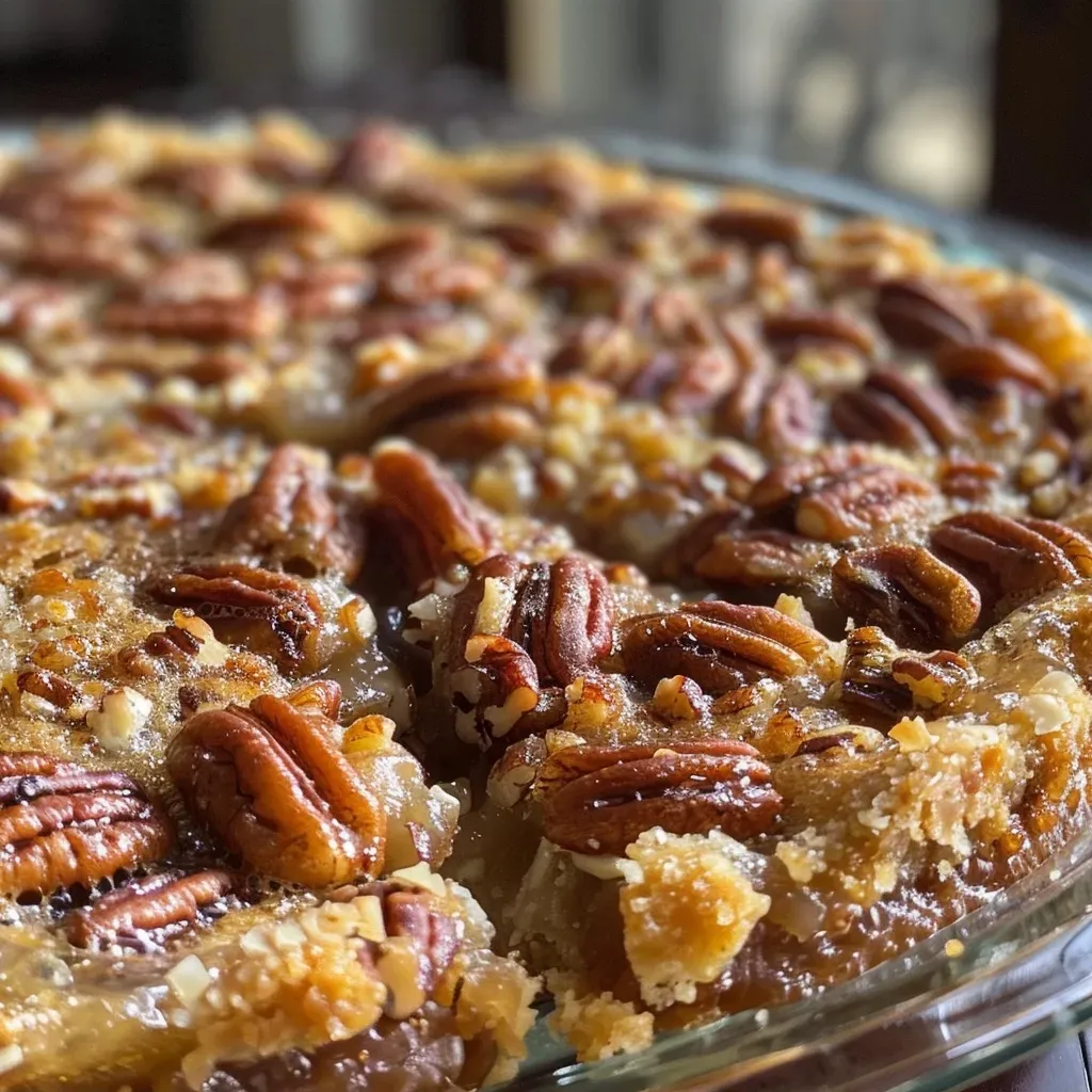 Close-up side view of a slice of warm Pecan Pie Cobbler, showcasing its golden crust and gooey filling.